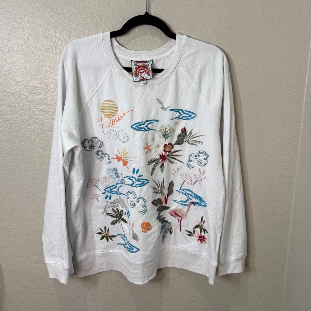 Johnny Was Florida Embroidered Sweatshirt White Size L Boho Coastal Pullover